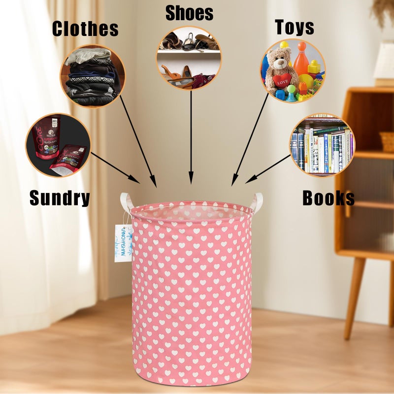LANGYASHAN Laundry Basket Canvas Fabric Collapsible Organizer Basket for Storage Bin Toy Bins Gift Baskets Bedroom Clothes Children Nursery Hamper (pink heart) - Image 4